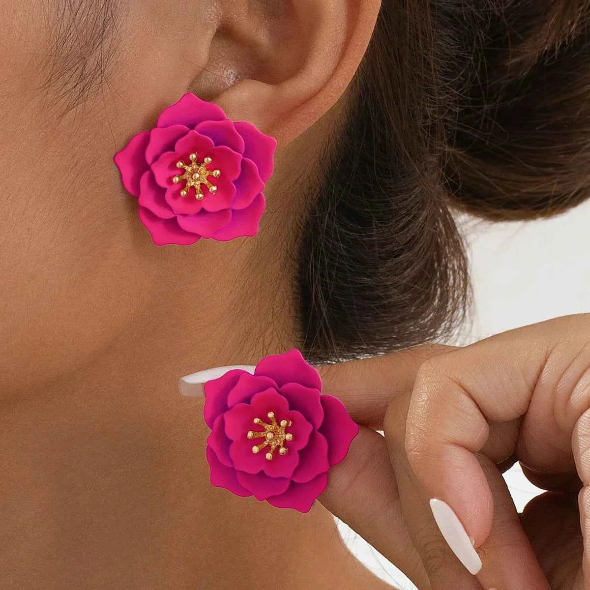 Rose Red Flower Imitation Pearl Dangle Earrings for Women Fashion Multilayer Floral Drop Earrings Jewelry Accessories Party Gift