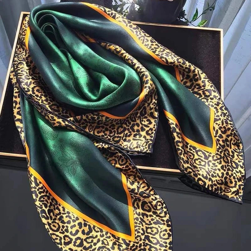 [BYSIFA] New Emerald Green Silk Scarf Women Brand Leopard Printed Square Scarves 90*90cm Fashion Accessories Headscarves Hijabs - NamafadStore