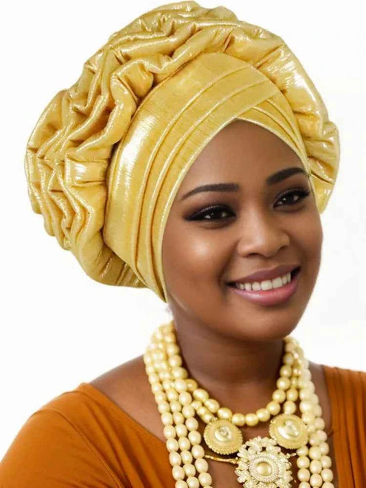 Women’s Glitter Pleated Turban Cap – Auto Gele Headtie African Wedding & Party Head Wrap