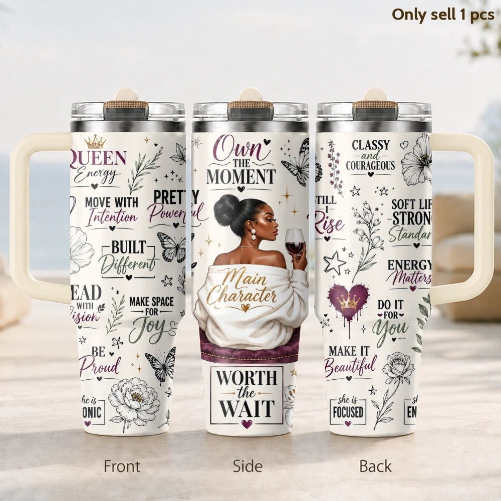 40oz Empowered Black Woman Tumbler – Inspirational Stainless Steel Travel Mug