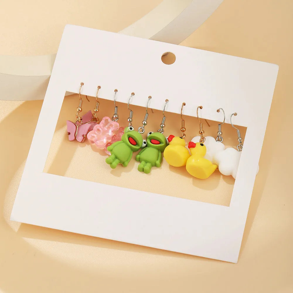 New Sweet Cartoon Dopamine Earrings Set For Women Colorful Cute Duck Butterfly Star Pig Drop Earring Party Earrings Jewelry Gift