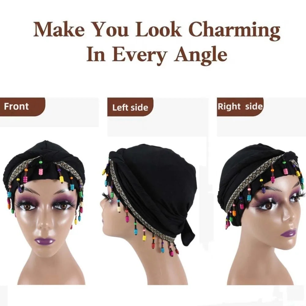 Bonnet Hat Elastic Colorful Beaded Headscarf Breathable Hijab Pre-tie Head Wraps Dome Indian Style Jacquard Pullover Cap Gifts