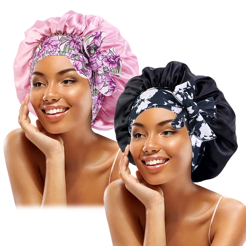 Women's Lace-up Satin Bonnet With Wide Stretch Ties Band Long Tail Bonnet Satin Cheveux Nuit Silky Sleeping Night Cap Bonnets - NamafadStore