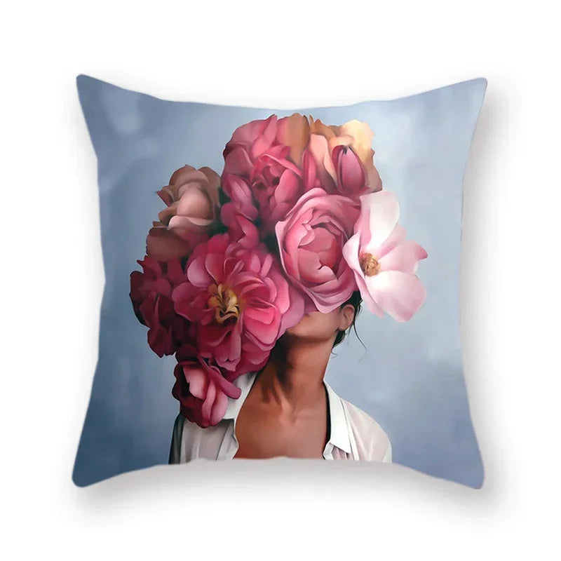 Woman Flower Head Decoration Double-sided Printed pillow cover Short plush Suitable living rooms bedrooms throw cushion cover
