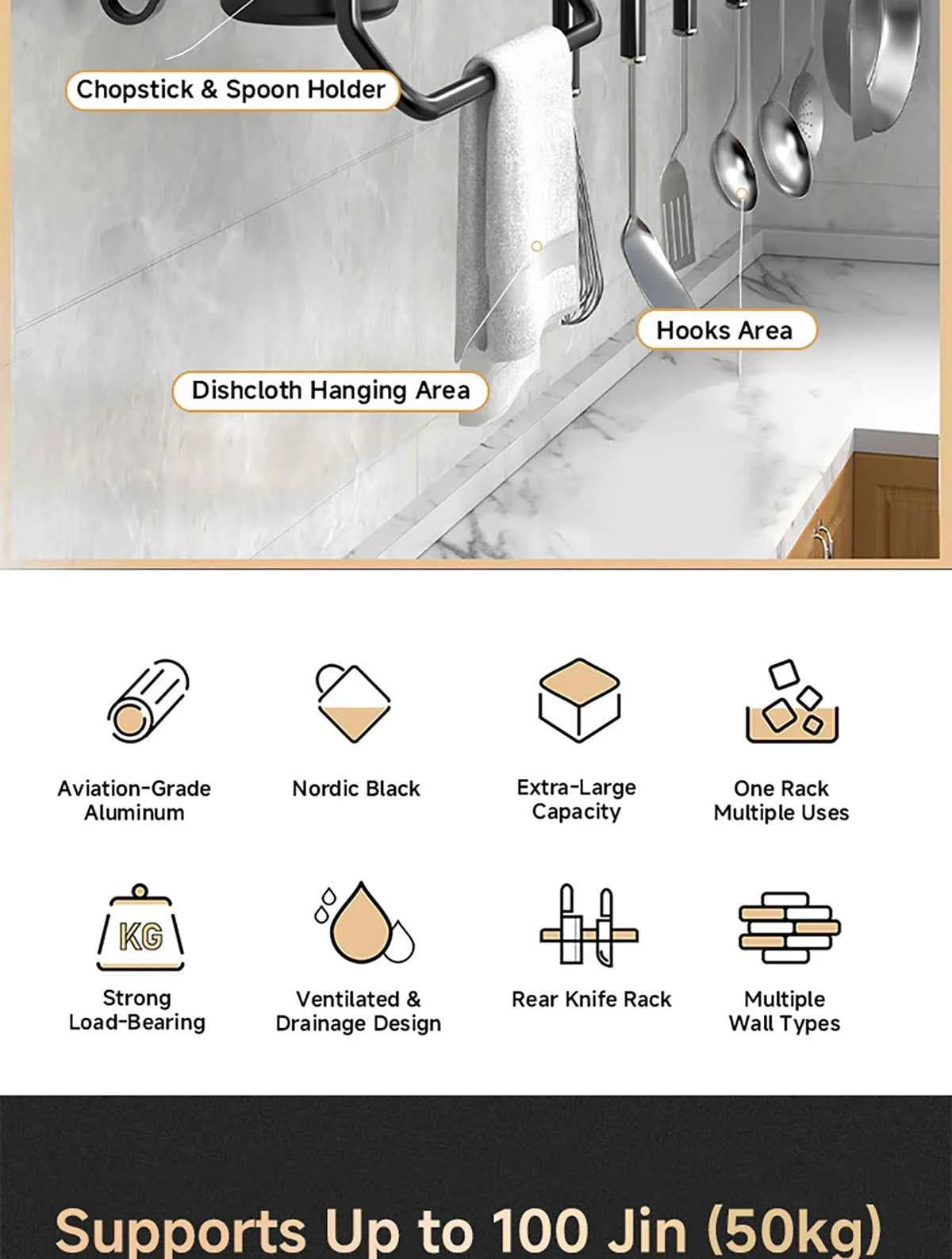 Metal Kitchen Shelf No-Punch Large Capacity Storage Kitchen Utensils Skeletonized Drainage Design Easy to Clean Black