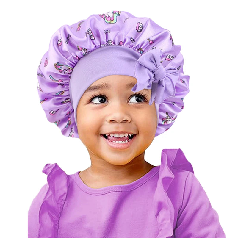 New Kids Unicorn Satin Bonnet Wide Elastic Band Ribbon Sleeping Cap Curly Natural Hair Child Night Caps Shower Cap Headscarf