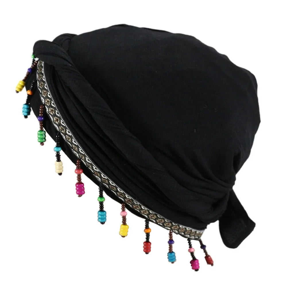 Bonnet Hat Elastic Colorful Beaded Headscarf Breathable Hijab Pre-tie Head Wraps Dome Indian Style Jacquard Pullover Cap Gifts
