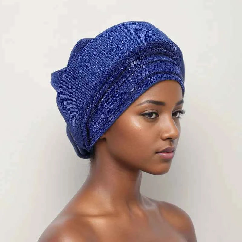 Glitter Fabric Turban Cap for Women African Pleated Head Wraps Nigeria Party Wedding Gele Lady Headscarf Bonnet