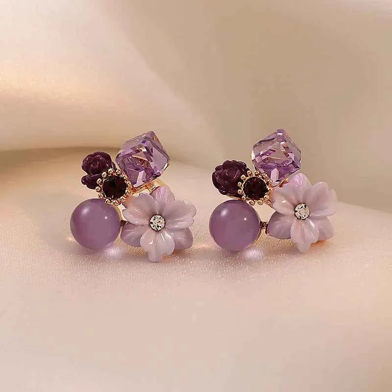 2024 New Korean Fashion Purple Crystal Beads Flower Stud Earrings Premium Sense Sweet Earrings for Women Jewelry Accessories