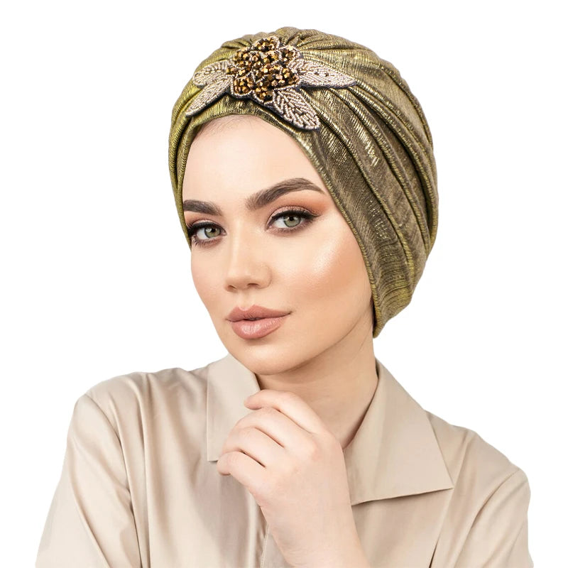 New Women Rhinestone Flower Pleated Turban Cap Ethnic Indian Hat Vintage Non Slip Head Band Chemo Cap Beanies Hair Accessories - NamafadStore