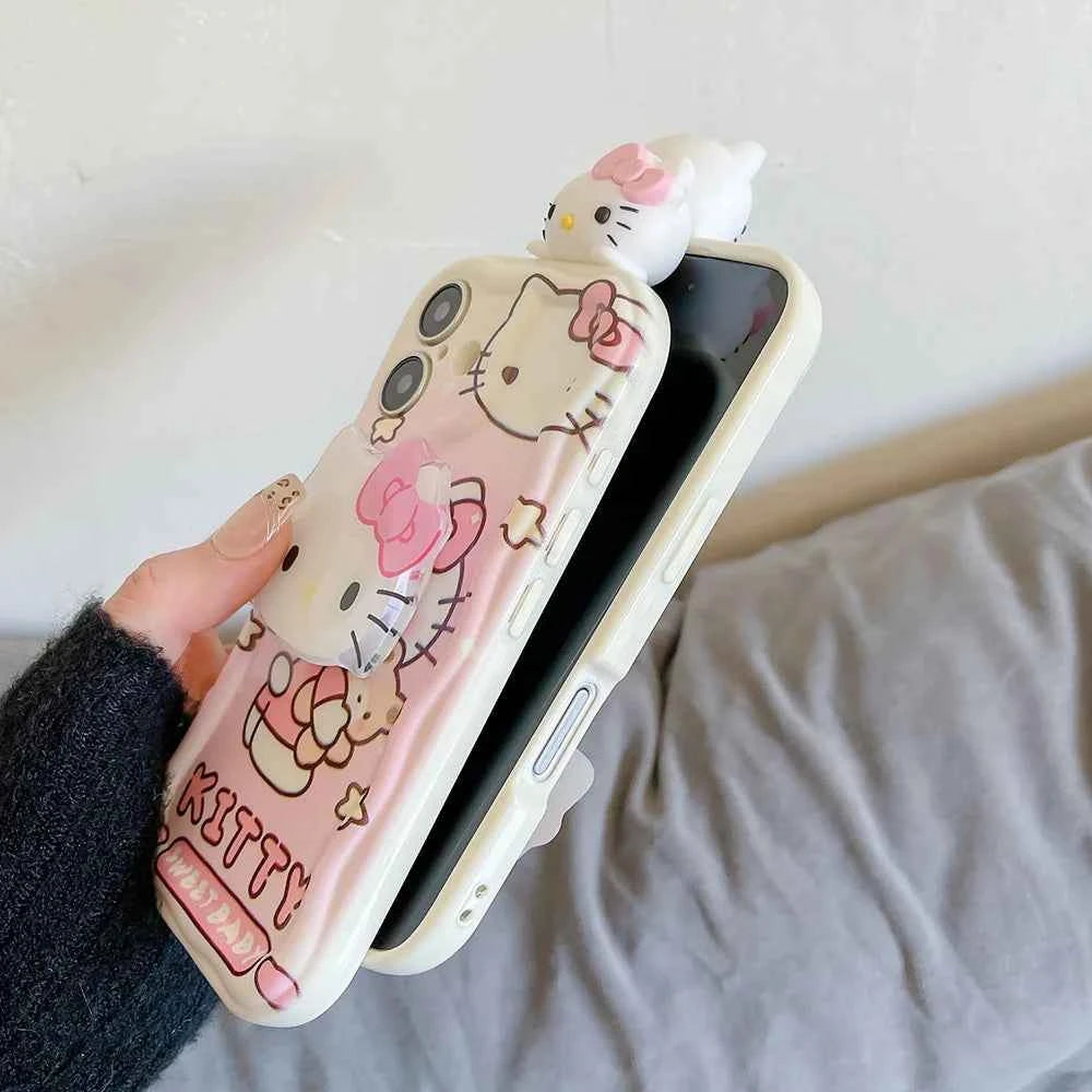 For Samsung Galaxy S25 Ultra S26 S24 FE S23 Plus S22 S21 S20 M55 Pink Kitty Head Grip Tok Holder Cartoon Wave Soft Phone Case