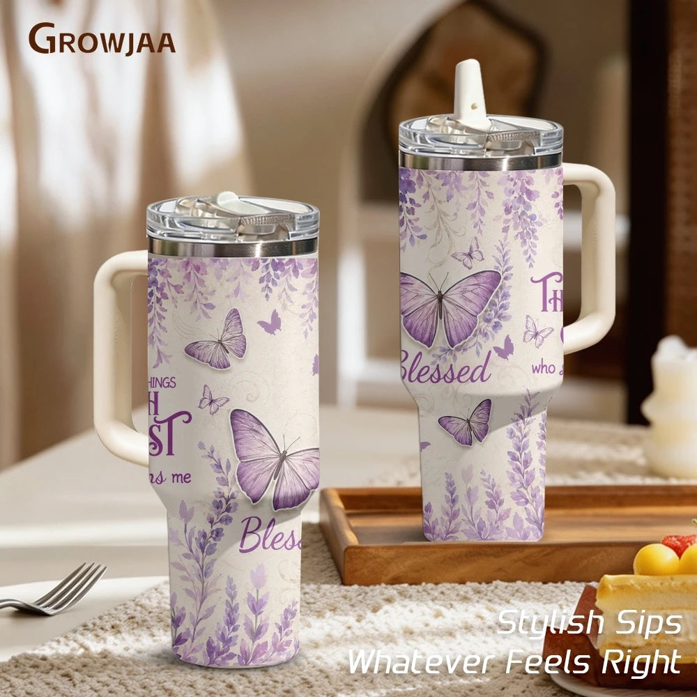 Purple Butterfly 40oz Tumbler – Floral Stainless Steel Insulated Cup with Straw