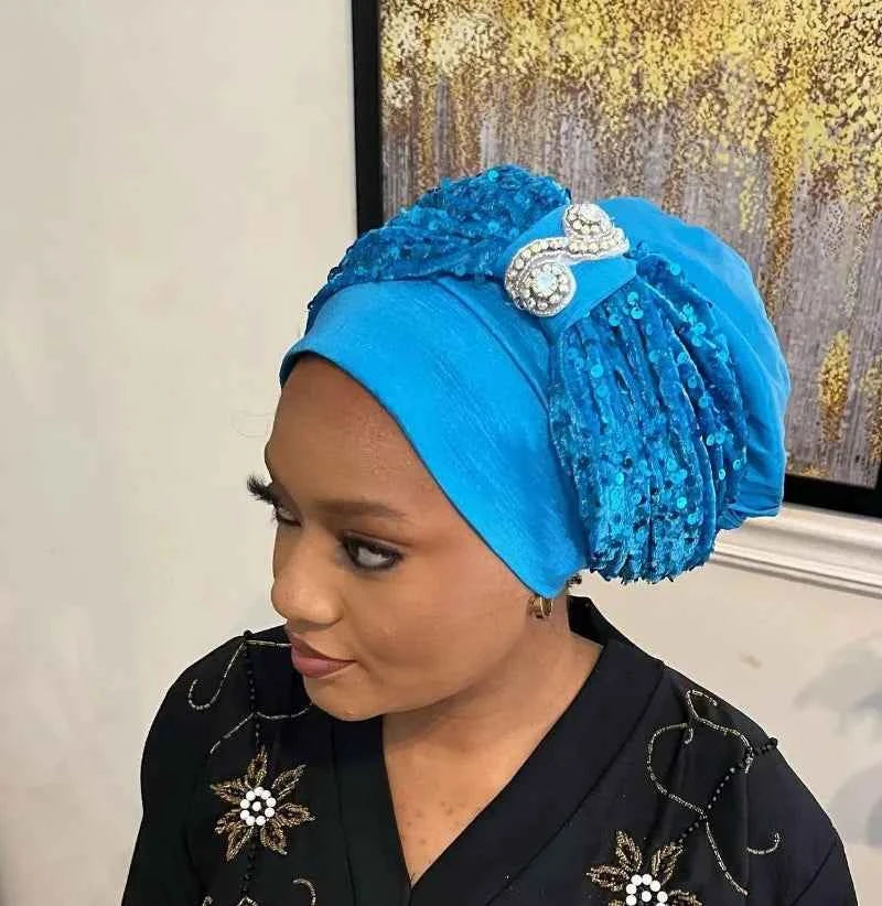 Sequin African Headtie Summer Autumn African Solid Color Party Evening Headtie African Turbans for Women Outfits Caps