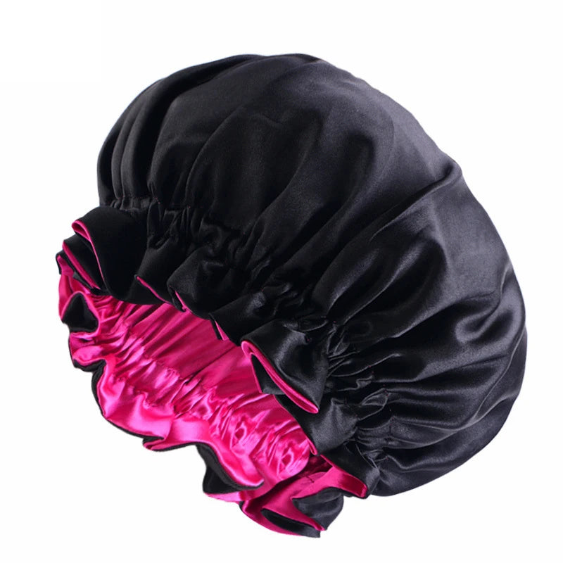 New Solid Elastic Double Layer Satin Bonnet Nightcap Women Night Sleep Hair Protection Hat Reversible Sleeping Hat Hair Care New - NamafadStore