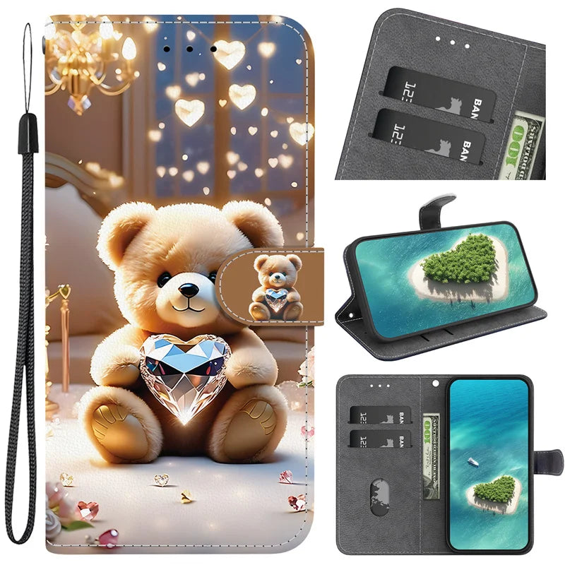 i17e Air Rose Cat Bear Case for iPhone 17e 16e 15 14 Plus 13 12 iphone17 Pro Max Cases Wallet Flip Stand Back Cover Strap Coque