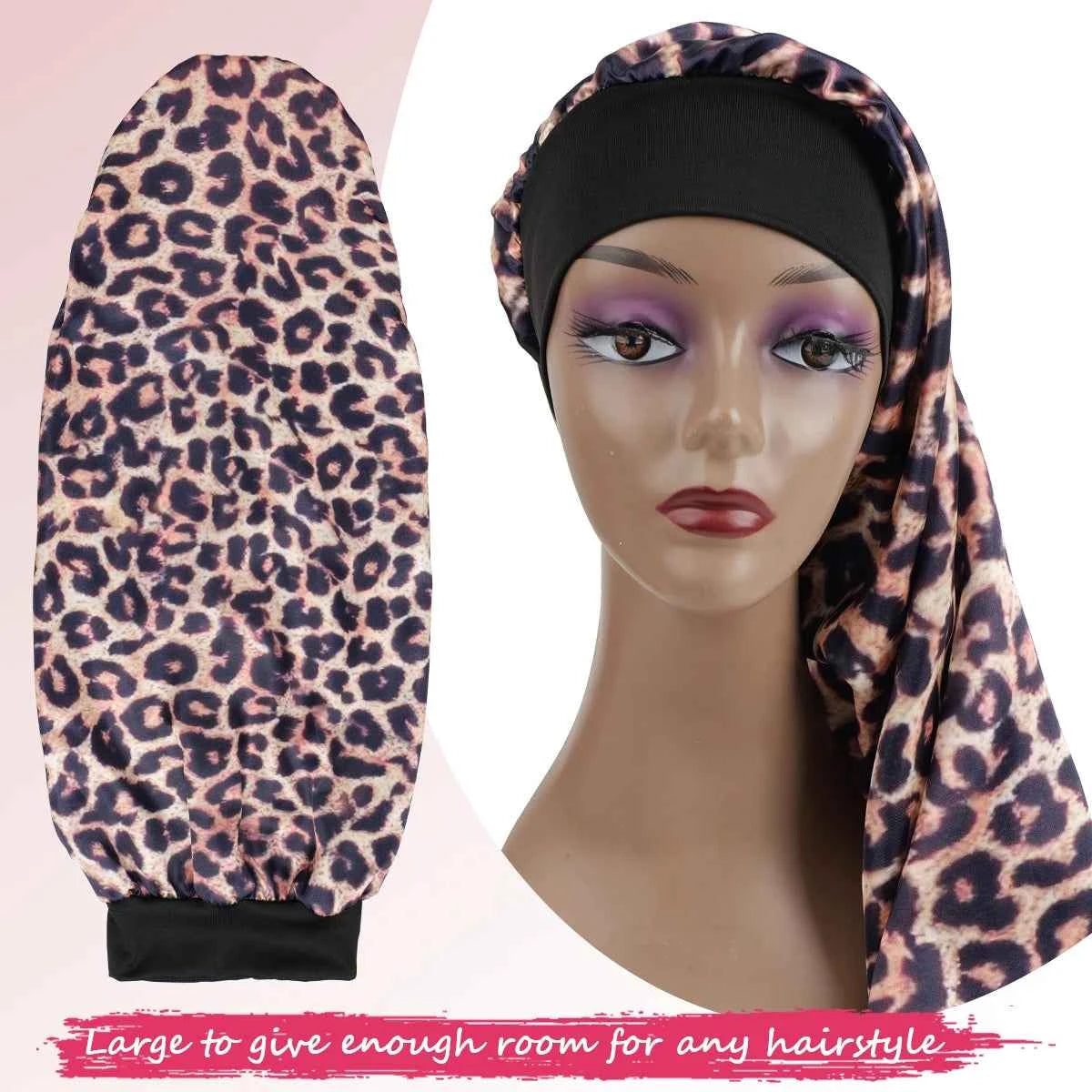 Women's Long Round Tail Bonnet-Silk Sleep Bonnet with Wide Elastic Edge-Hair Protector for Curly & Straight Hair-Leopard Print