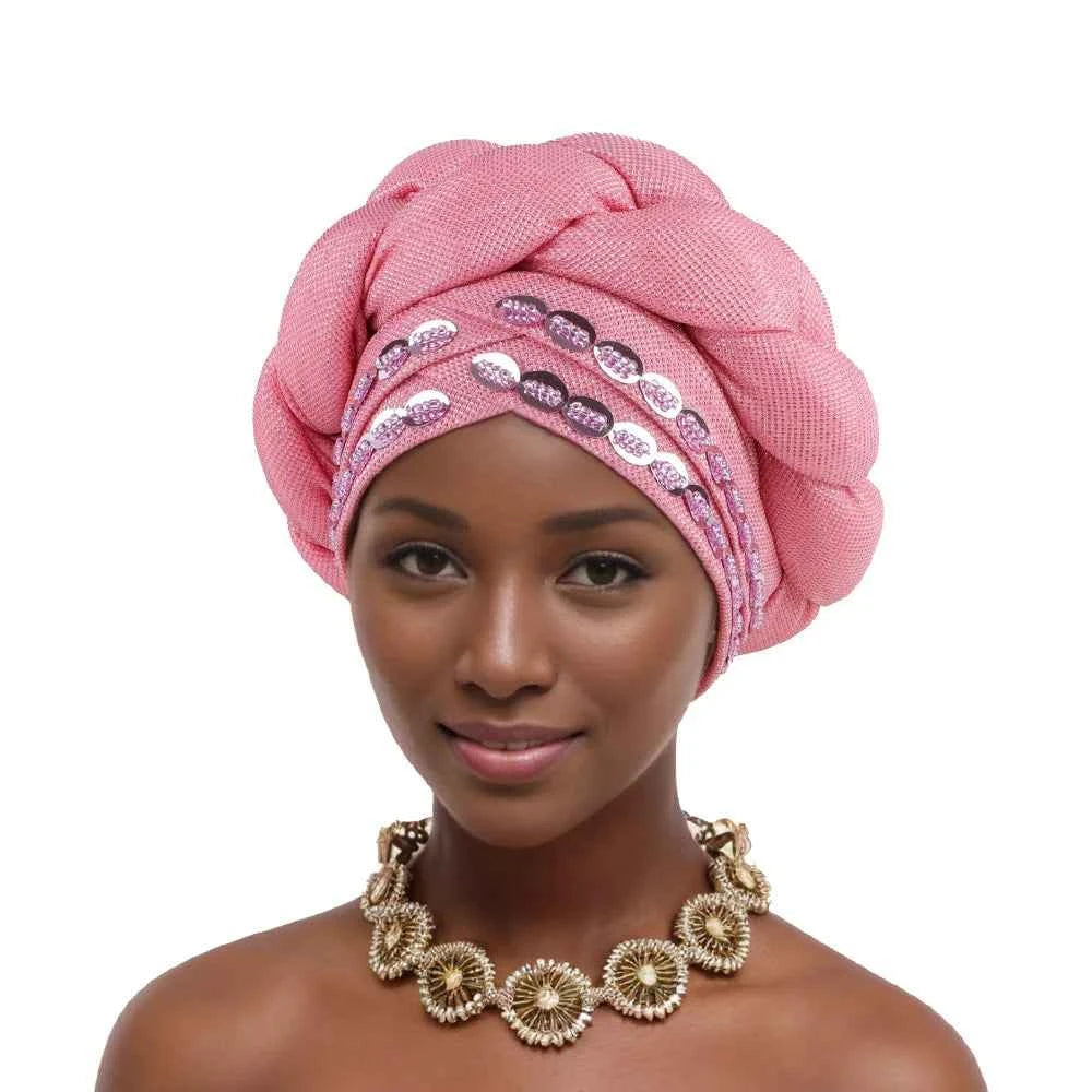 2025 Latest African Auto Gele Headtie Already Made Headties Shinning Turban Cap for Women Ready Nigerian Hijab Braid Head Wraps