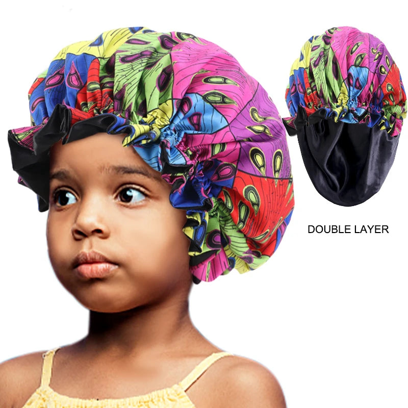 Kids Elastic Sleep Cap African Print Hair Bonnet Turban Satin Lined Cap Night Sleep Hat Children Turban Hair Wrap Styling Tools - NamafadStore