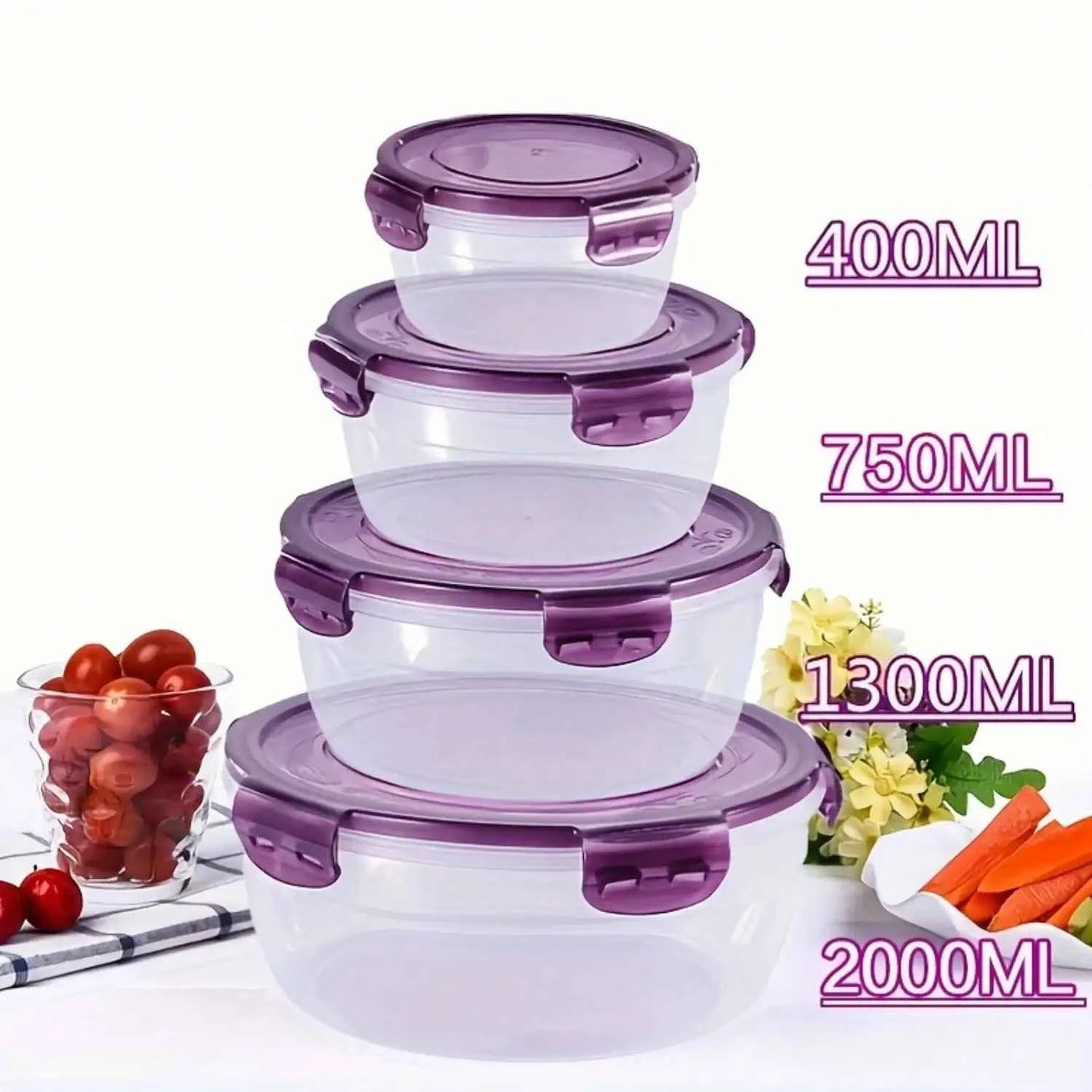 8pcs/set (4 Containers+4 Sealed Lids) - Kitchen Vegetable and Fruit Storage Box, Microwave Safe Round Bento Box