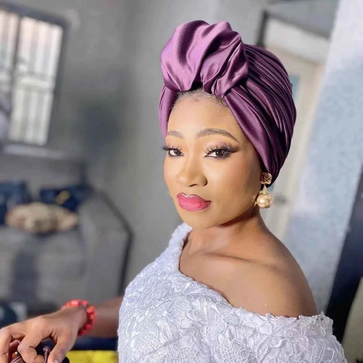 Fashion Satin Croissant Ruffled Turban Caps for Women African Head Wraps Nigeria Wedding Party Headpiece Muslim Headscarf Bonnet