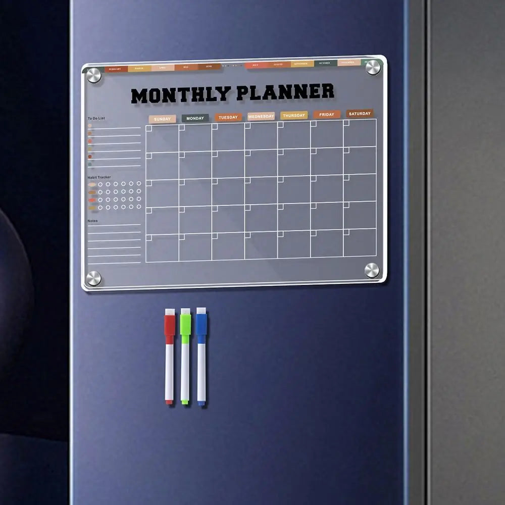 3D Magnetic Acrylic Weekly Planner – Reusable Fridge Calendar with 5 Markers