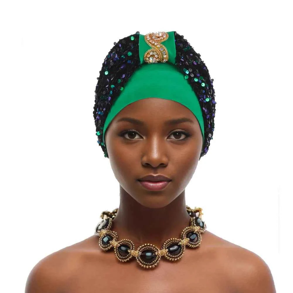 Sequin African Headtie Summer Autumn African Solid Color Party Evening Headtie African Turbans for Women Outfits Caps