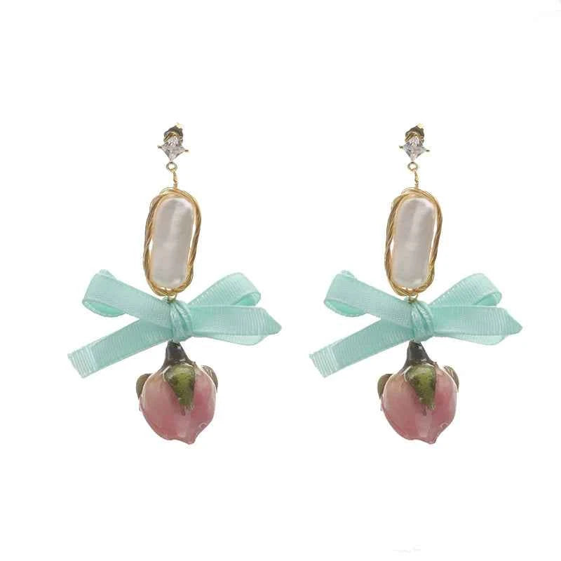 Natural Freshwater Pearl Drop Gel Flower Earrings Korean Style Women's Luxury Vintage Jewelry Fashion Ladies and Girls Gift