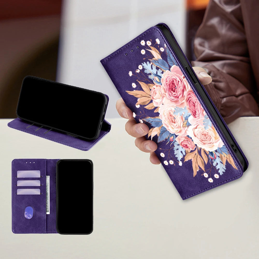 Flower Pattern Magnetic Leather Flip Wallet Case for iPhone 17 Pro Max 16 15 14 13 12 11 Pro Max 16 Plus Air Card Slots Holster