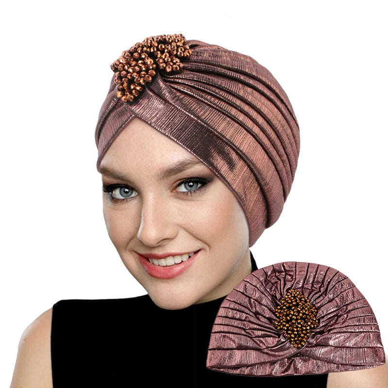 New Women's Luxury Diamond Turban Cap Muslim Indian Hat Bandana Elastic Beanies Chemo Cap African Hat Headwear - NamafadStore