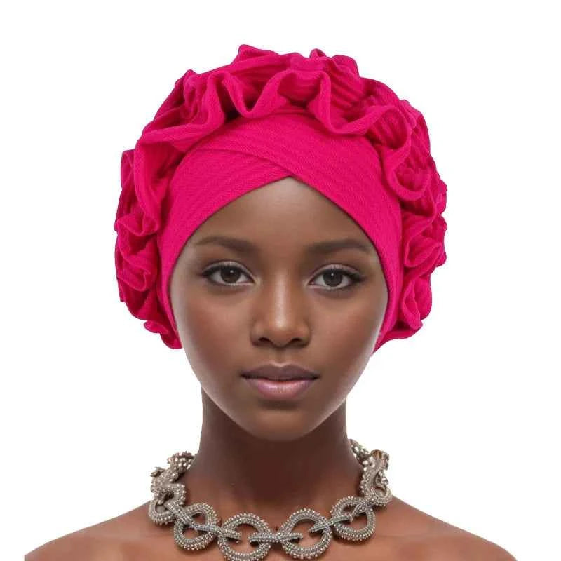 Ruffle Flower Women’s Turban Cap – African & Indian Headwrap, Muslim Bonnet Headscarf