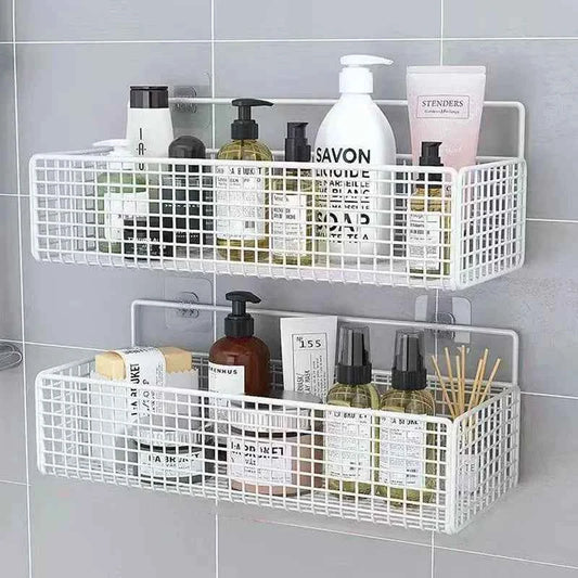 Kitchen Bathroom Wall Mounted Storage Rack Toilet Organizer Shelf Single Layer Hook Installation Home Goods Rack Basket