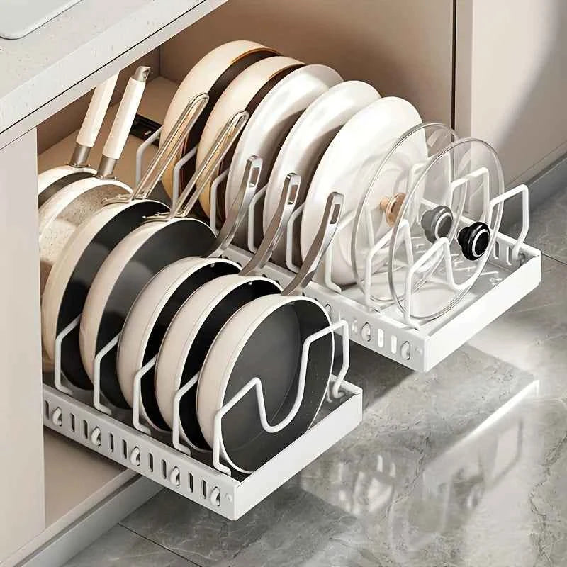 Adjustable Cookware Storage Rack, Kitchen Pull-out Shelf, Sliding Countertop and Dish Rack Inside Cabinets