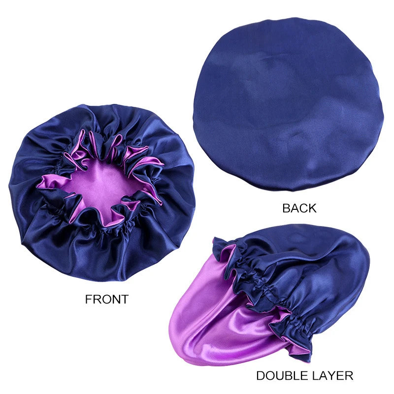 New Solid Elastic Double Layer Satin Bonnet Nightcap Women Night Sleep Hair Protection Hat Reversible Sleeping Hat Hair Care New - NamafadStore