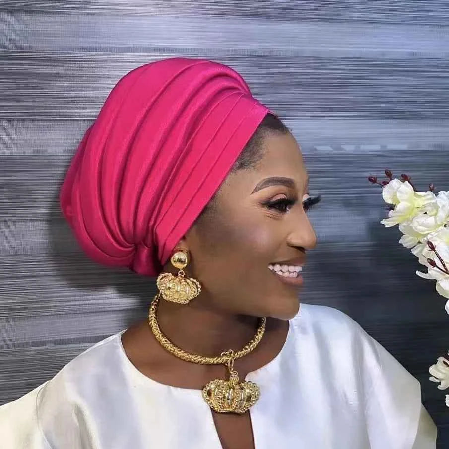African Women's Auto Gele Headtie Nigeria Lady Pleated Head Wraps Muslim Headscarf Bonnet Turbante Mujer