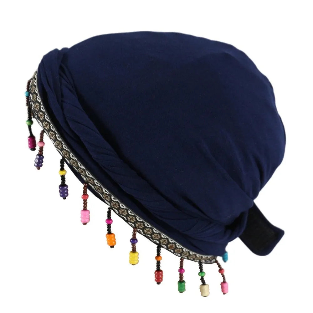 Bonnet Hat Elastic Colorful Beaded Headscarf Breathable Hijab Pre-tie Head Wraps Dome Indian Style Jacquard Pullover Cap Gifts