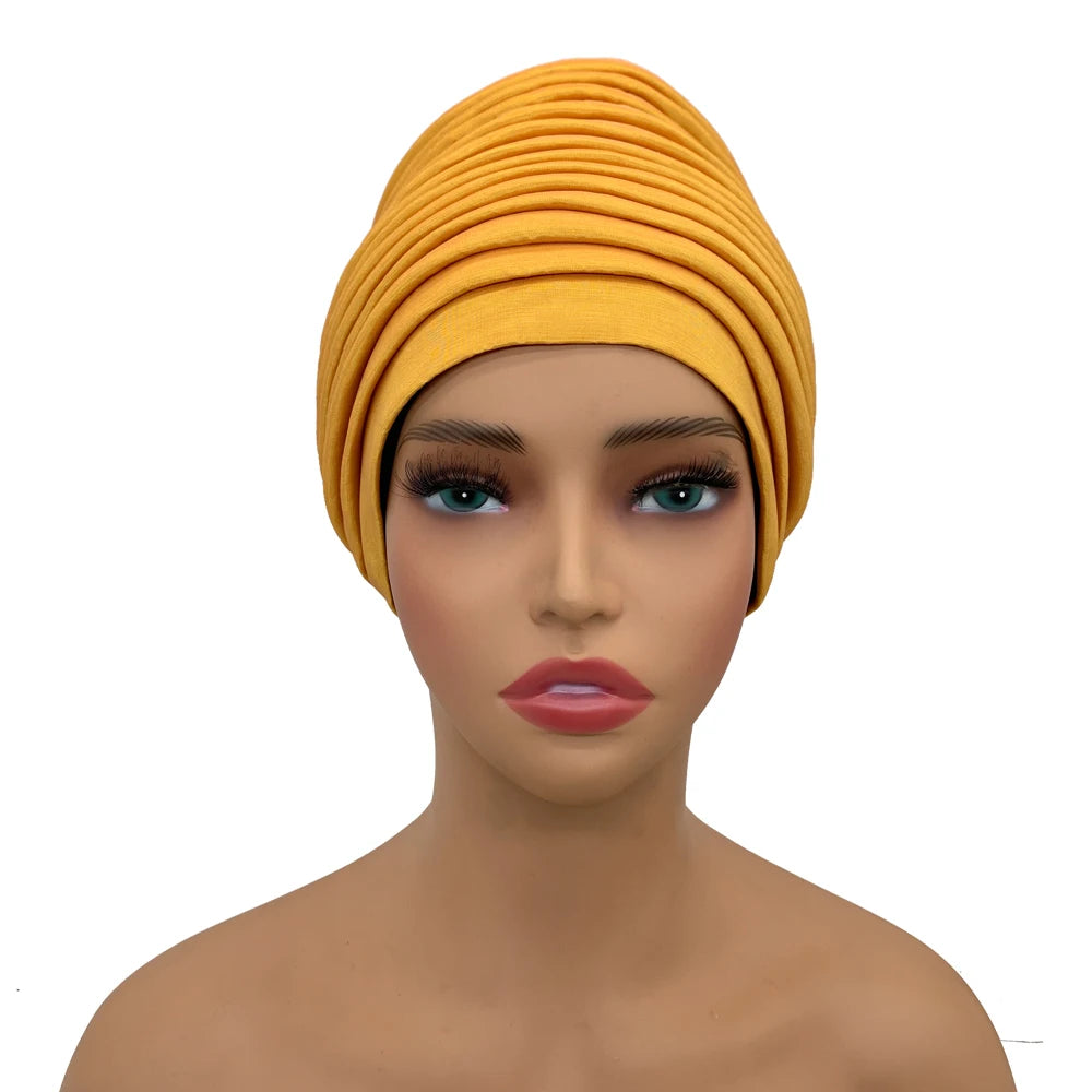 New Raw Silk Pleated Turban Cap for Women African Female Head Wraps Nigeria Lady Headwear Hat Wedding Headtie - NamafadStore