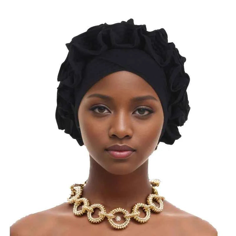 Ruffle Flower Women’s Turban Cap – African & Indian Headwrap, Muslim Bonnet Headscarf