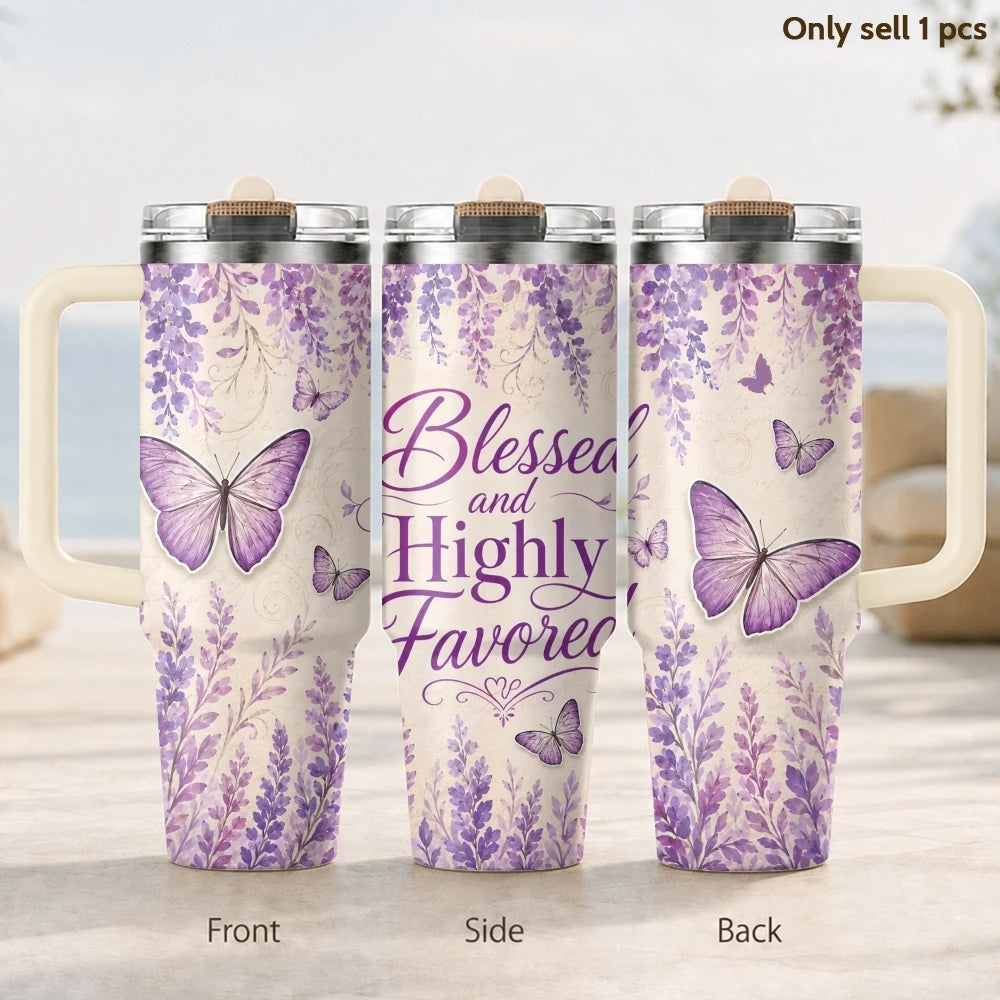 Purple Butterfly 40oz Tumbler – Floral Stainless Steel Insulated Cup with Straw