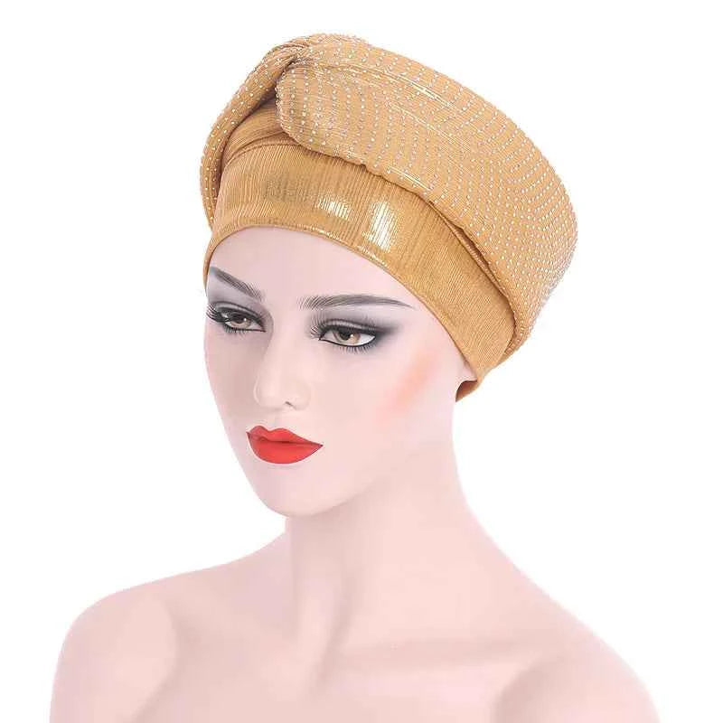 Glitter Diamonds Headband Turban Cap African Headtie Women's Head Wraps Headscarf Bonnet Nigerian Wedding Party Headwear Hat