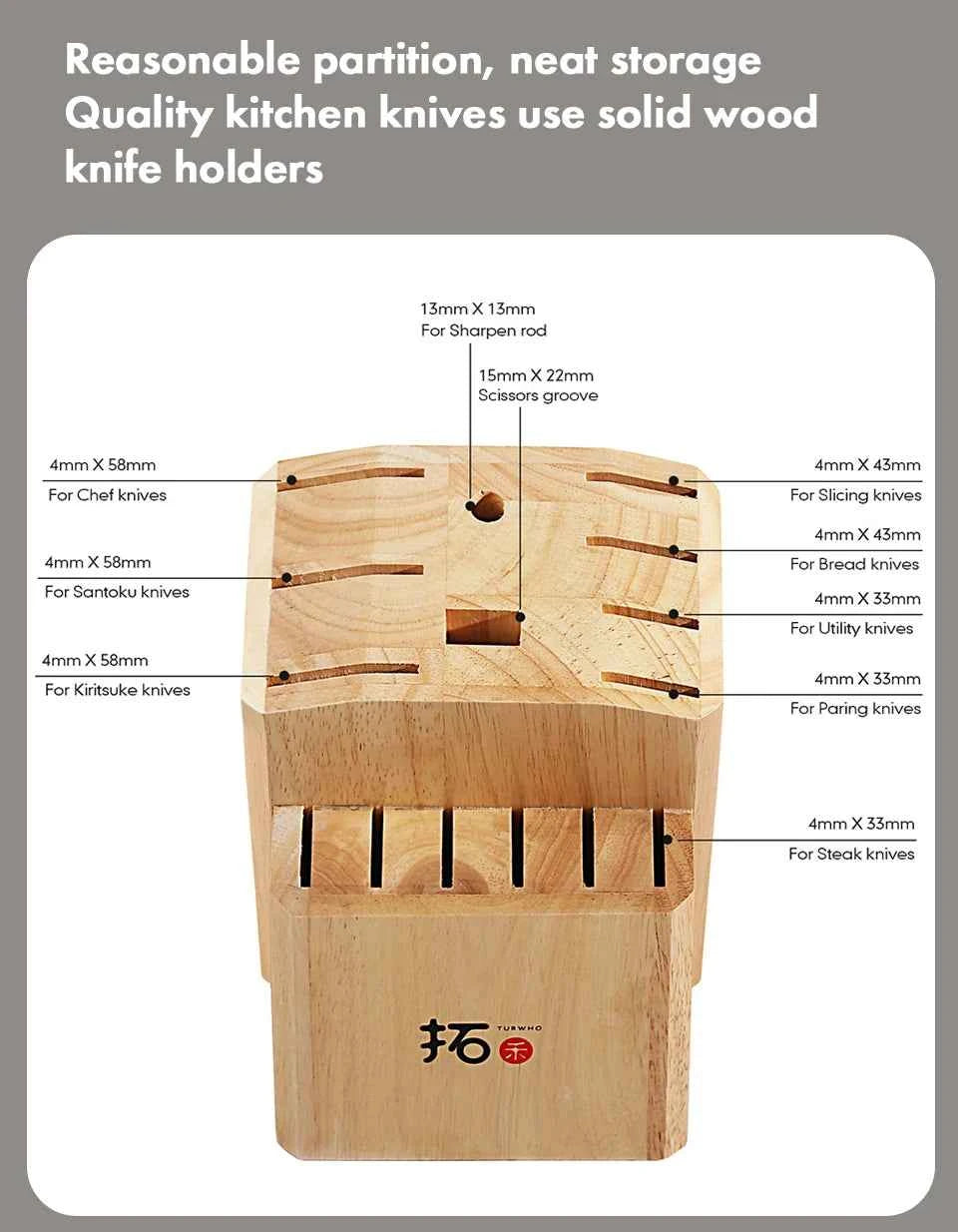 TURWHO Knife Stand Acacia Solid Wood For 15PCS Kitchen Knives Set Scissors Sharpening Rod Holder Knife Block Shelf Storage Tools