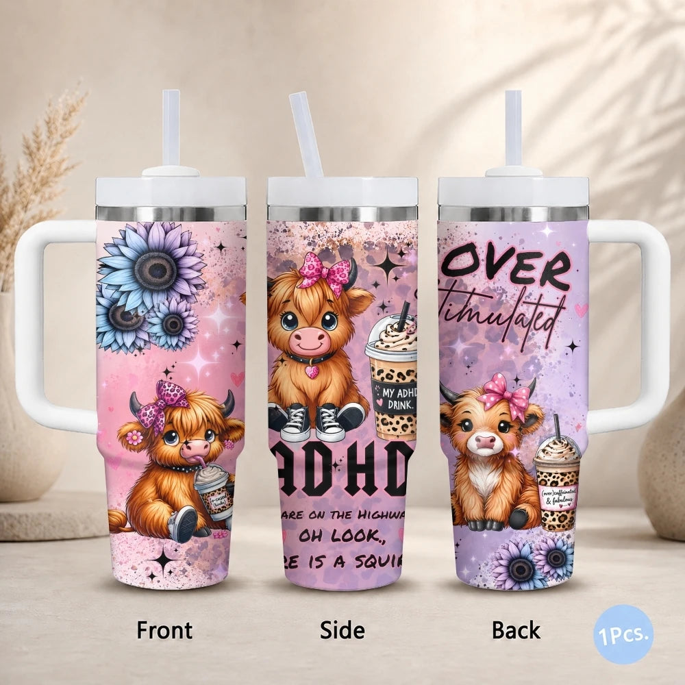 Highland Cow 40oz Tumbler – Stainless Steel Insulated Travel Cup with Straw