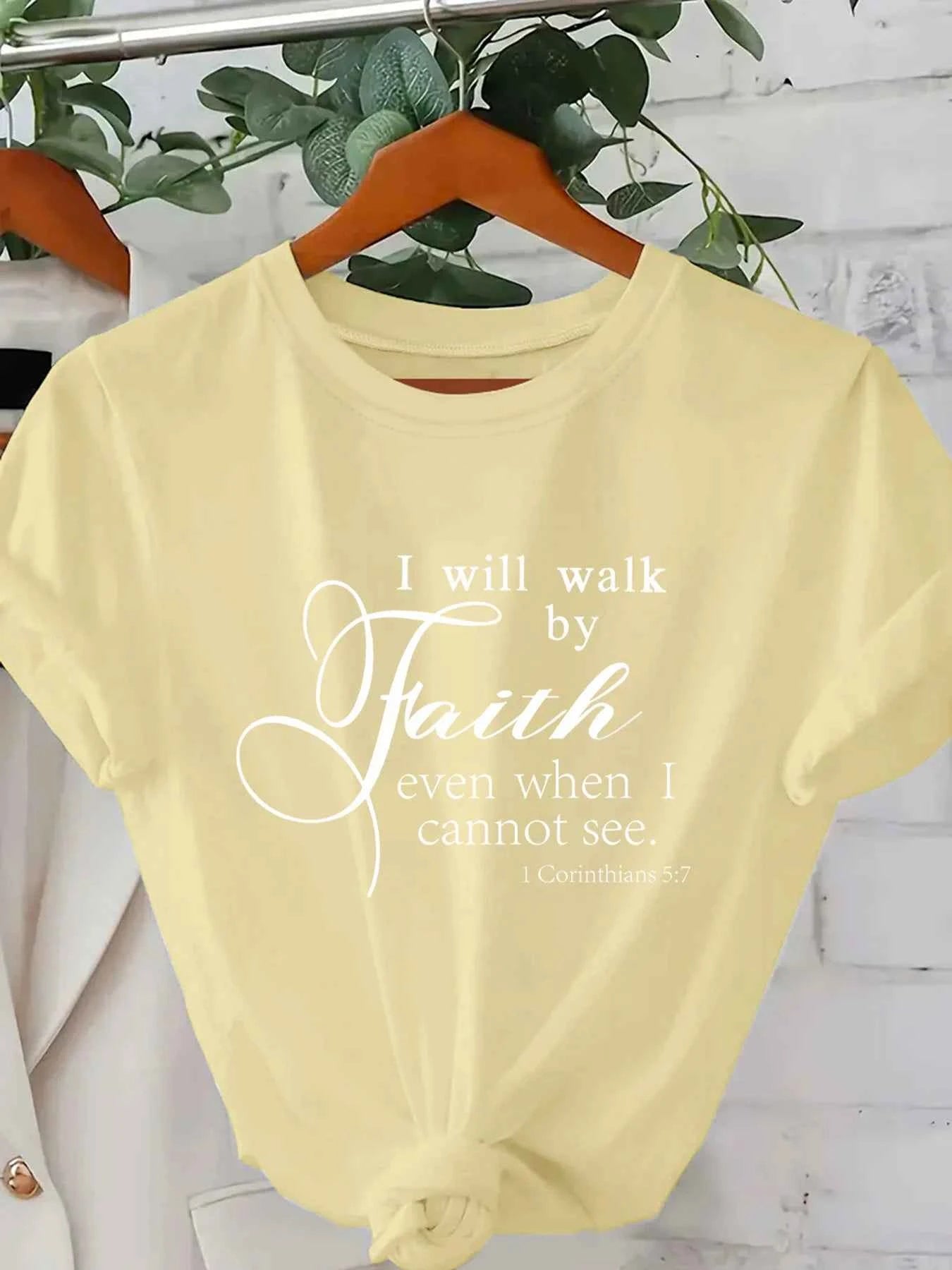 Walk By Faith Women's Tee - Bible Verse Graphic Pink Casual Top