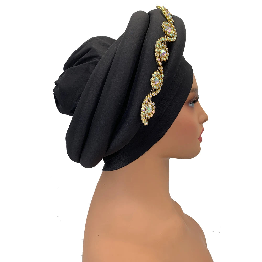 Twisted Braid Turban Cap for Women African Lady Head Wraps Diamonds Nigeria Raw Silk Autogele Headtie Muslim Hat Party Headwear - NamafadStore
