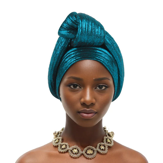 Glitter Fabric African Auto Gele Headtie Nigeria Party Headwear Turbante Mujer Knoted Turban Cap Women's Head Wraps - NamafadStore