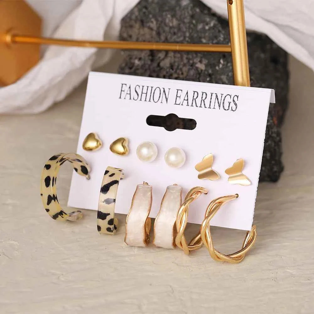 Punk Leopard Acrylic Resin Hoop Earrings Set for Women Trendy Gold Silver Color Butterfly Pearl Circle Earrings Gifts Jewelry