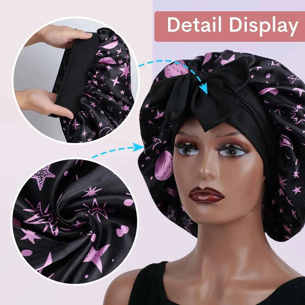 1pc Adjustable Extra Large Satin Bonnet with Bowknot - Wide-Brimmed Sleep Cap for Women, Soft Polyester Hair Care Night Hat