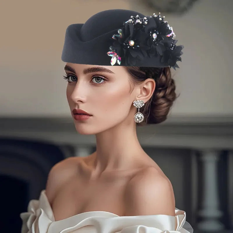 Elegant African Headtie Turban Hat for Women, featuring floral accents and pearls, ideal for church, parties, and casual wear