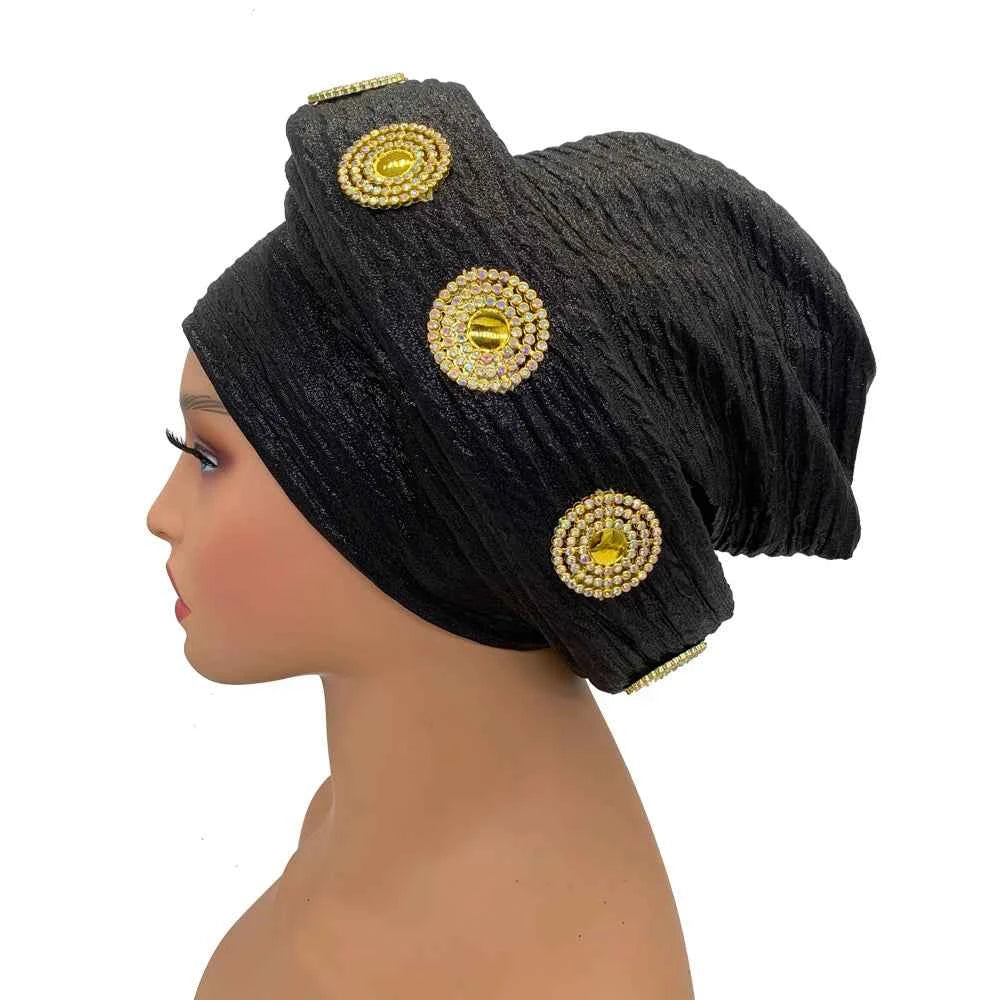 Already Made African Headtie Glitter Diamonds Women's Turban Cap Female Head Wraps Nigeria Wedding Auto Geles Party Headwear Hat