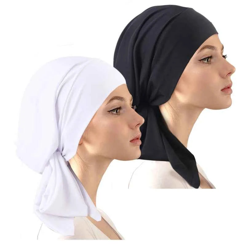 2PCS Pre-Tie Muslim Turban – Elastic Ribbon Head Scarf & Fashion Beanie for Women