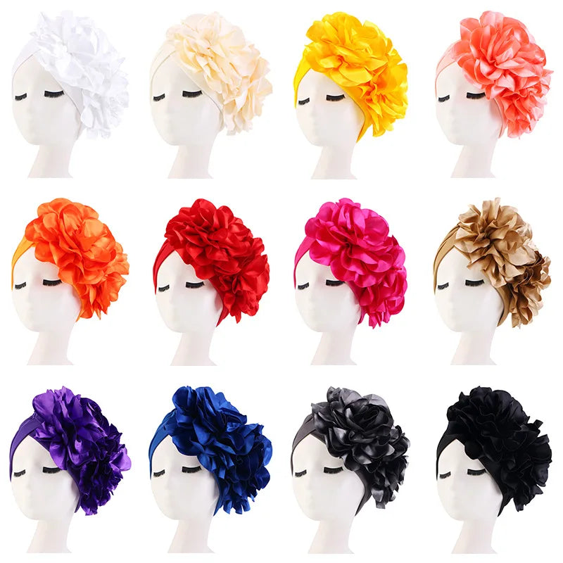Women's Head Wraps Wedding Party Headpiece Muslim Headscarf Hat India Caps Exaggerated Big Flower African Turban Cap - NamafadStore